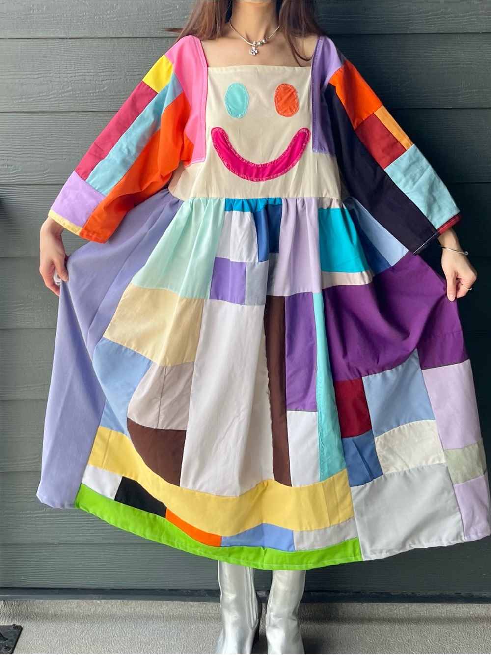 HAPPY FACE SAD FACE | Handmade Quilt Patchwork Moody Dress SKU 06305 Vibrant - Picture 14 of 16